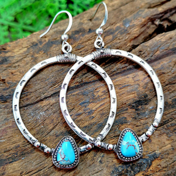 Silver Turquoise Hoop Drop Earrings Southwestern - Picture 1 of 6